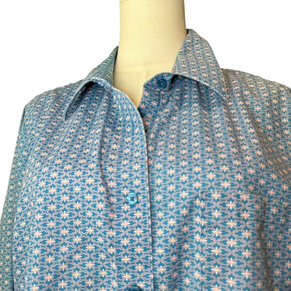 BFA Classic Blue Button Down Shirt L Geometric Floral Print Long Sleeve Blouse - Picture 2 of 8